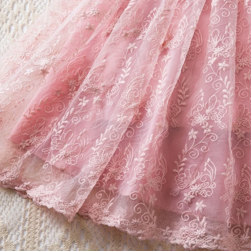 Elegant Girls Lace Tulle Fairy Floral Embroidered Ruffle‎ Trim Rear Zipper Dress